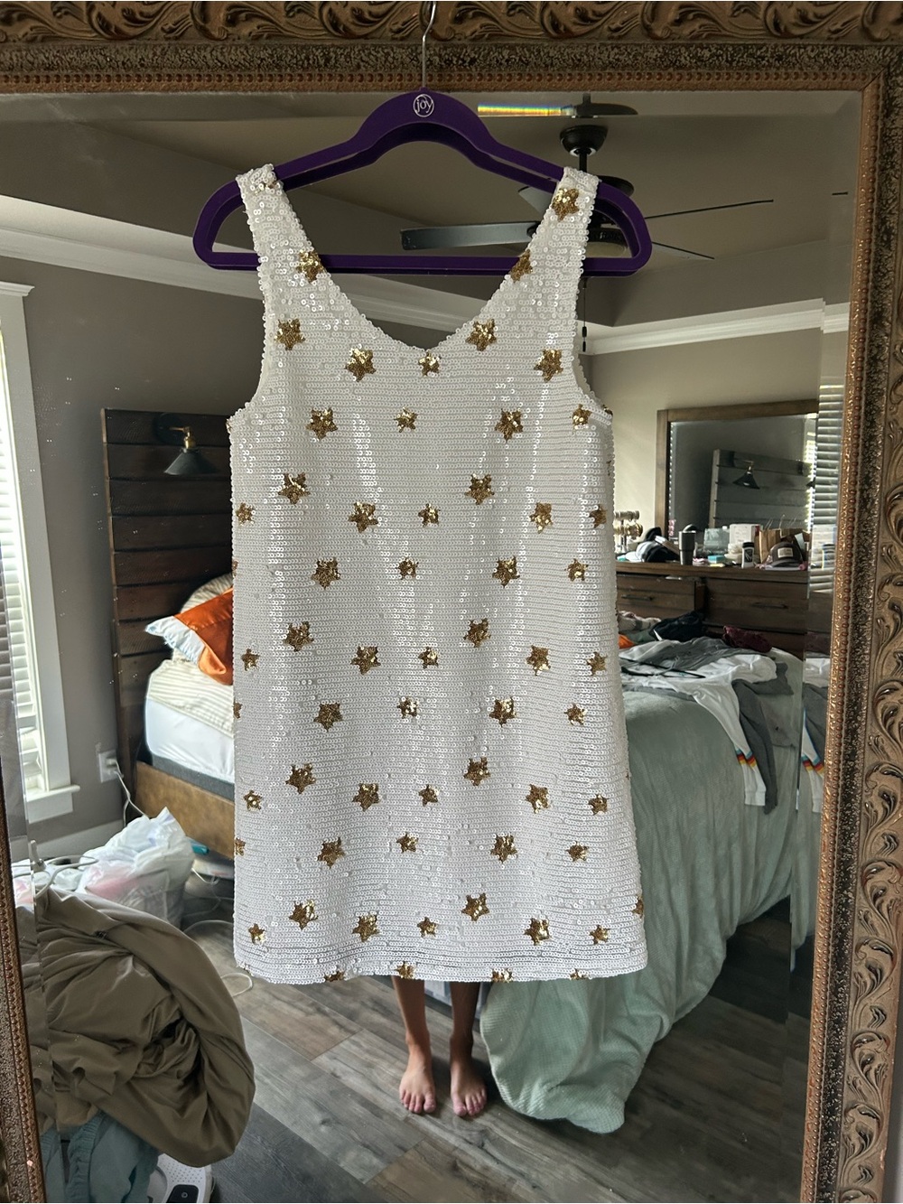 White Sequin Mini Dress with Gold Star Embellishments